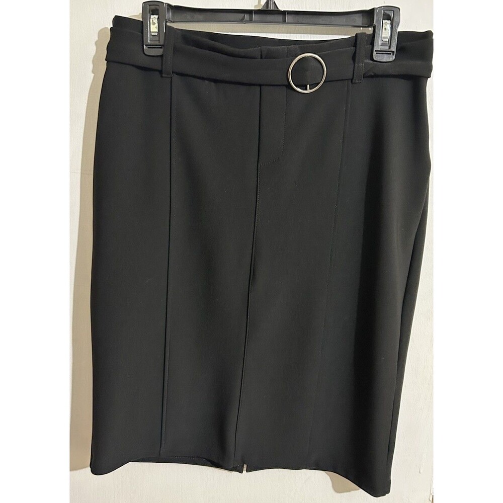 Women's Black Solid Pencil Skirt, Knee Length, Buckle Accent, Front Slit